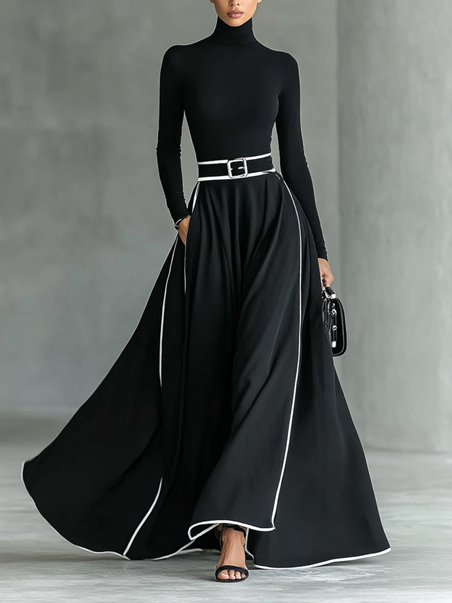 Gina – Vestido maxi para mujer negro con costuras blancas y cuello alto, mangas largas y cintura entallada