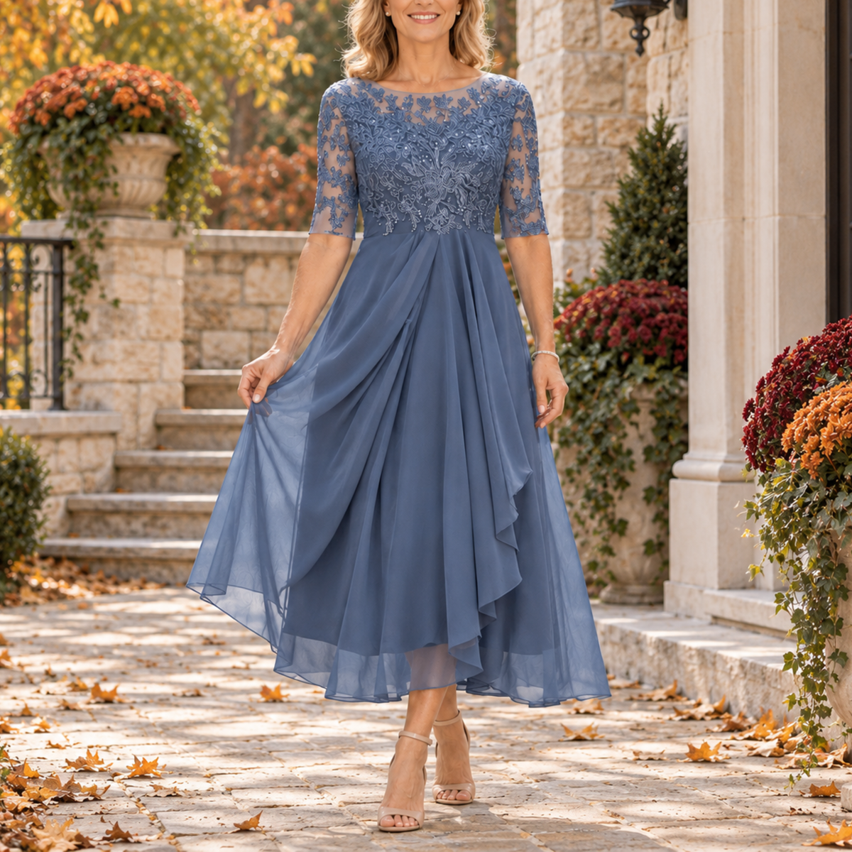 Avi | Vestido midi drapeado con corpiño de encaje