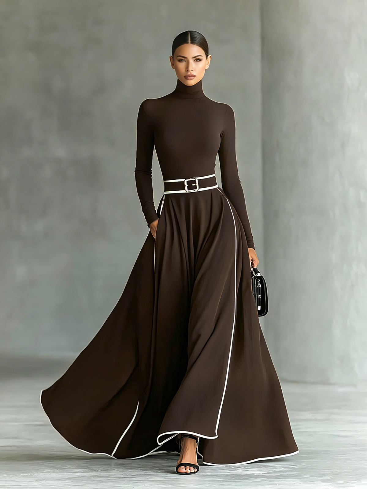 Gina – Vestido maxi para mujer negro con costuras blancas y cuello alto, mangas largas y cintura entallada