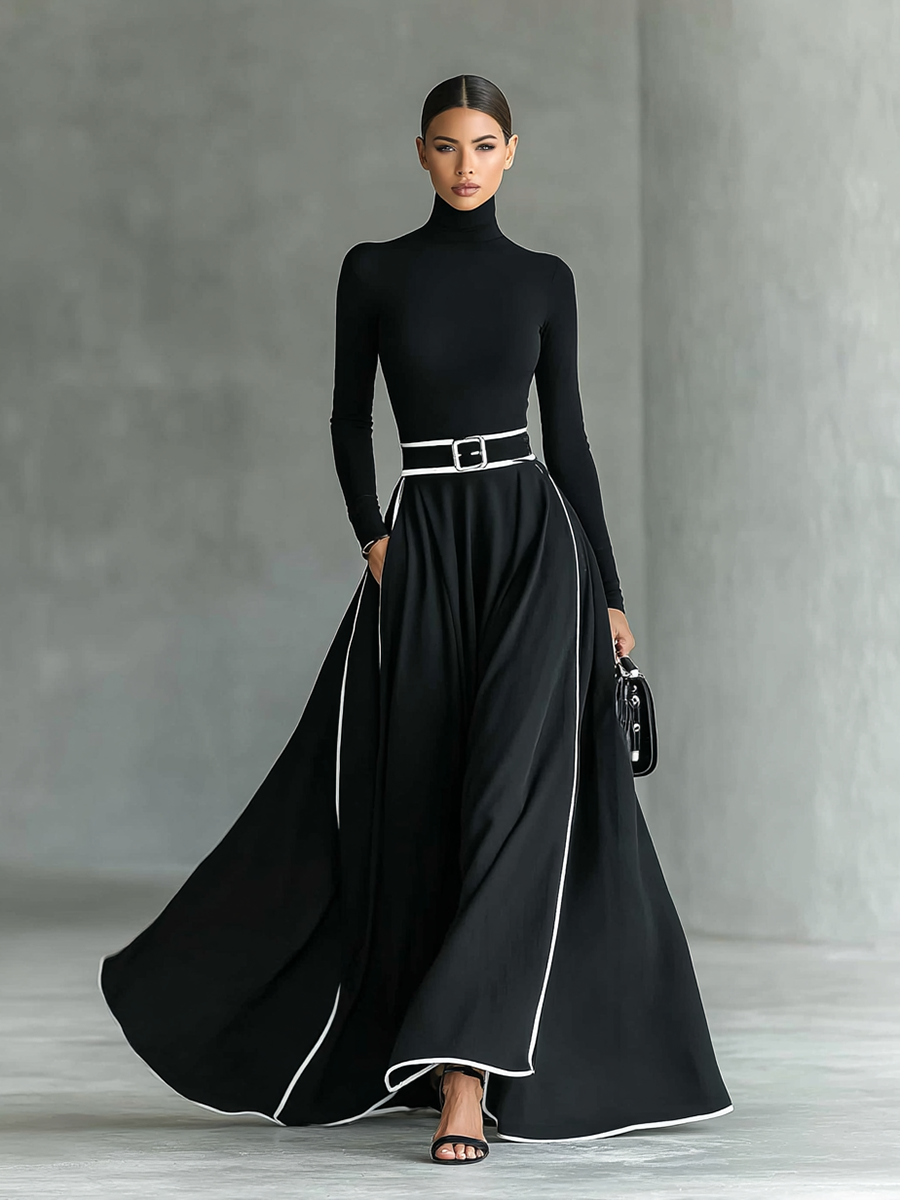Gina – Vestido maxi para mujer negro con costuras blancas y cuello alto, mangas largas y cintura entallada