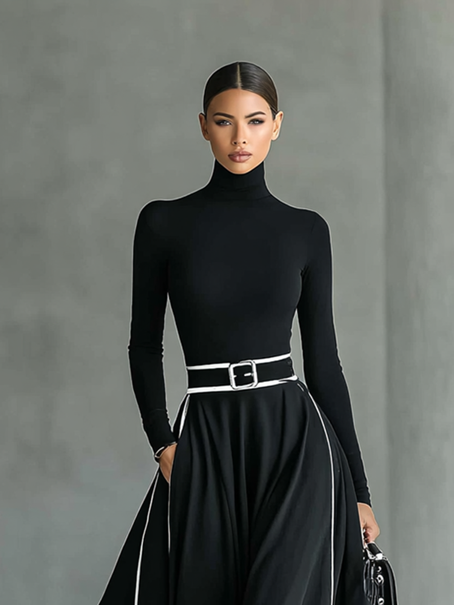 Gina – Vestido maxi para mujer negro con costuras blancas y cuello alto, mangas largas y cintura entallada