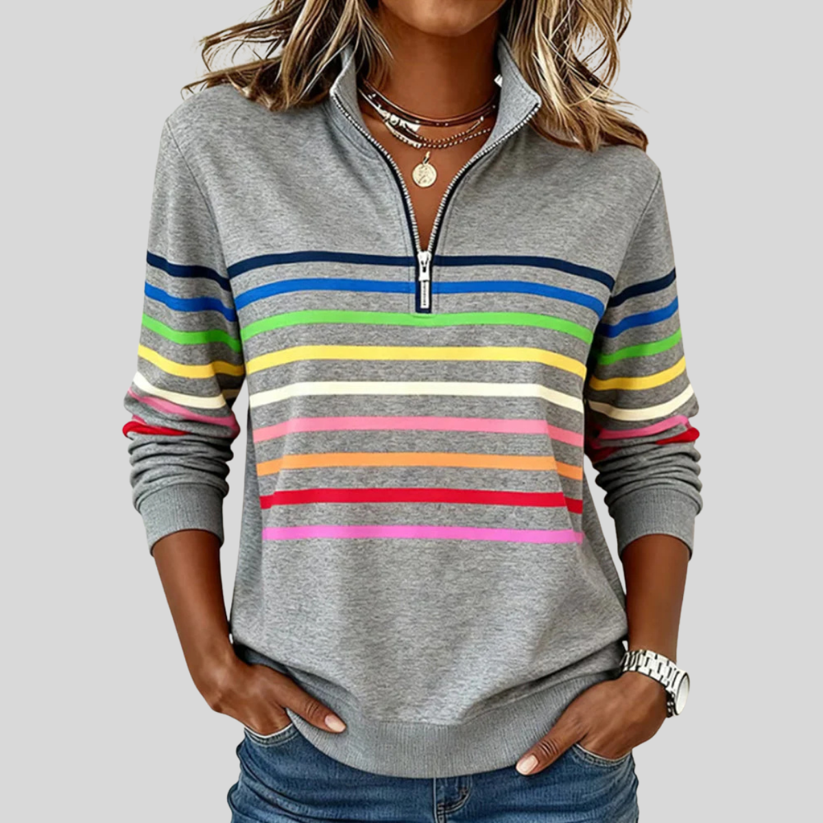 CATALINA | Sudadera con cremallera de rayas multicolores