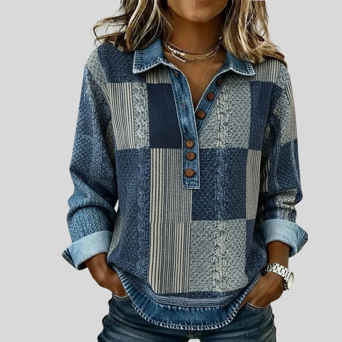CATALINA | Jersey de efecto denim con diseño patchwork