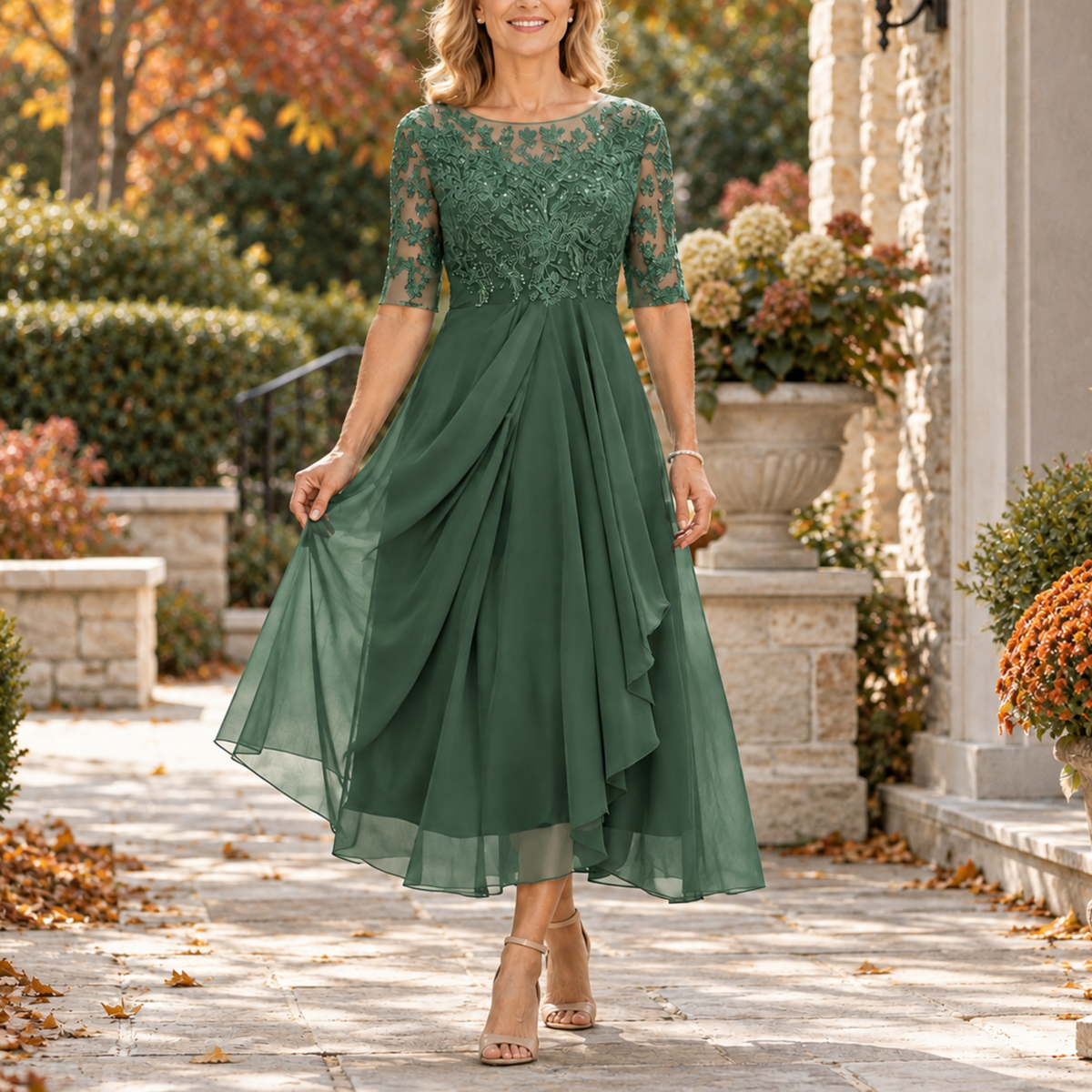Avi | Vestido midi drapeado con corpiño de encaje