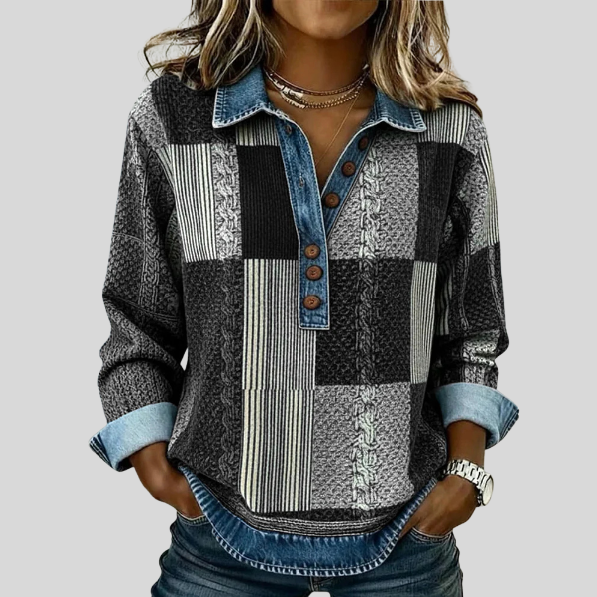 CATALINA | Jersey de efecto denim con diseño patchwork