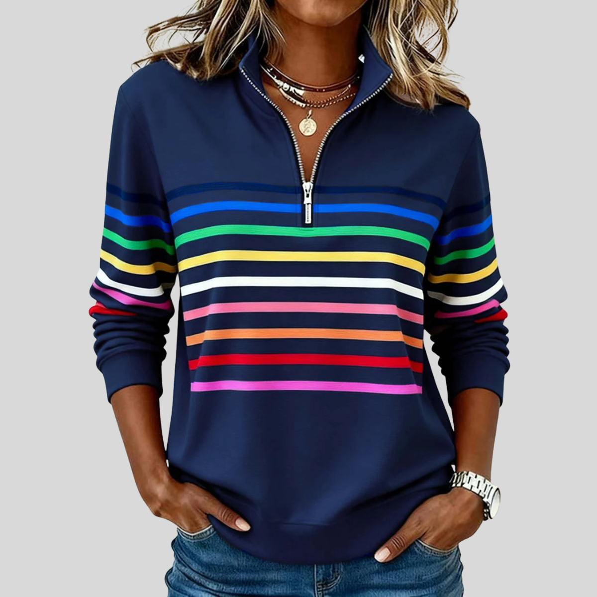 CATALINA | Sudadera con cremallera de rayas multicolores