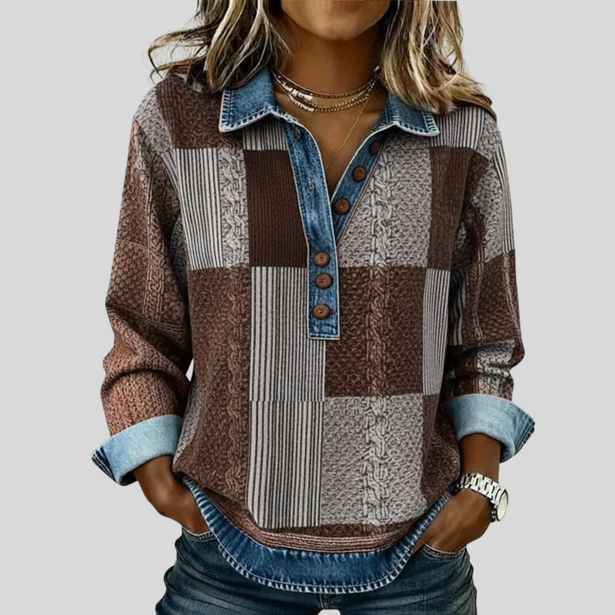 CATALINA | Jersey de efecto denim con diseño patchwork