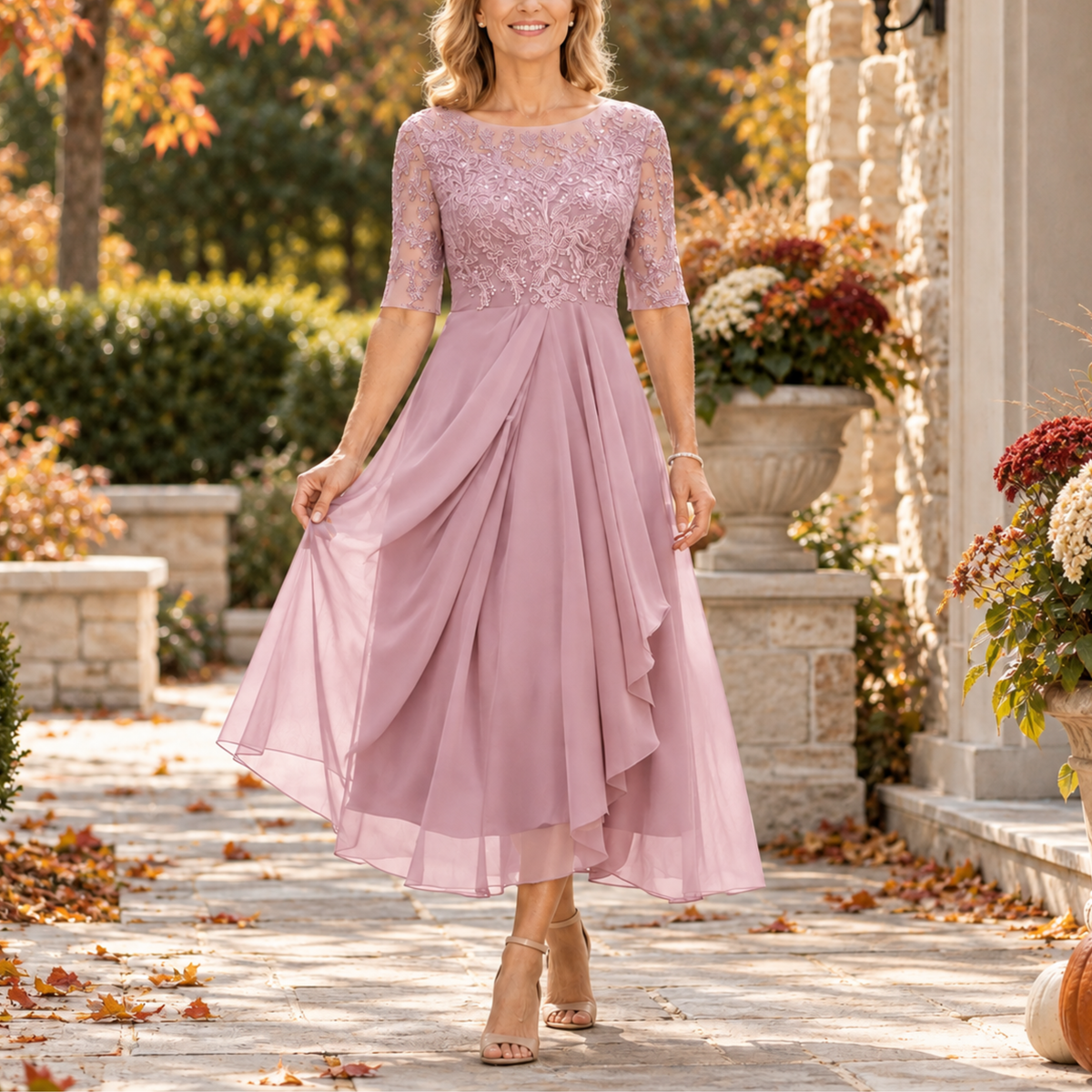 Avi | Vestido midi drapeado con corpiño de encaje