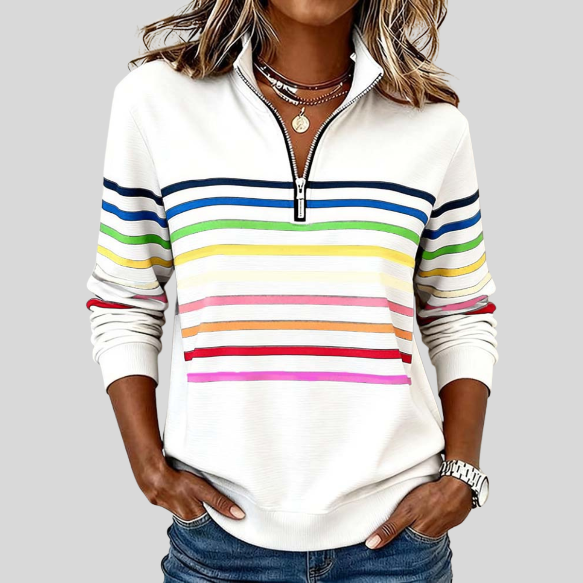 CATALINA | Sudadera con cremallera de rayas multicolores