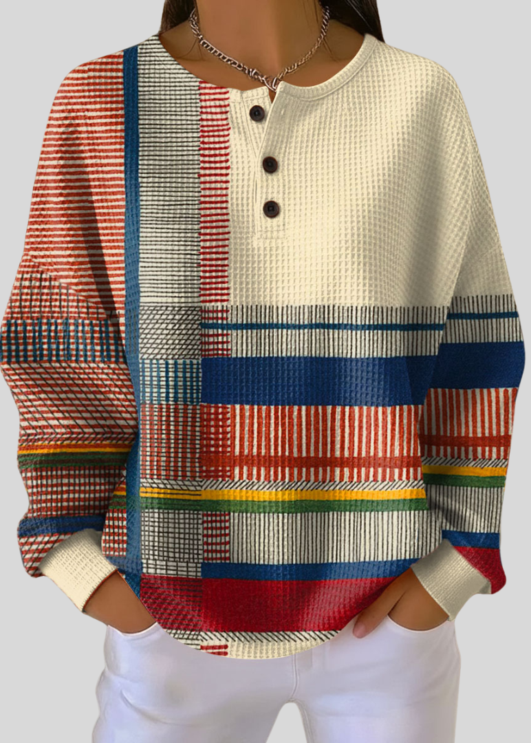 GRACE | Sudadera con cuello Henley y rayas en bloques de color