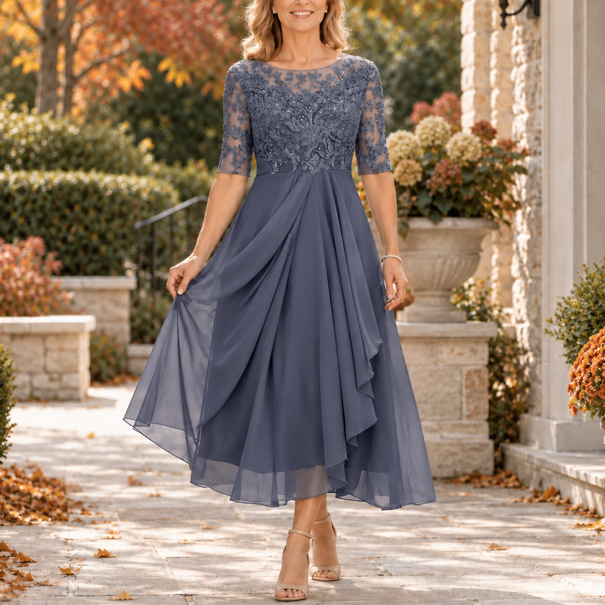 Avi | Vestido midi drapeado con corpiño de encaje