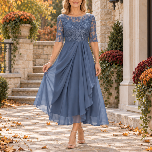 Avi | Vestido midi drapeado con corpiño de encaje