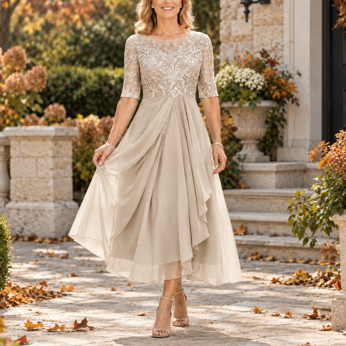 Avi | Vestido midi drapeado con corpiño de encaje