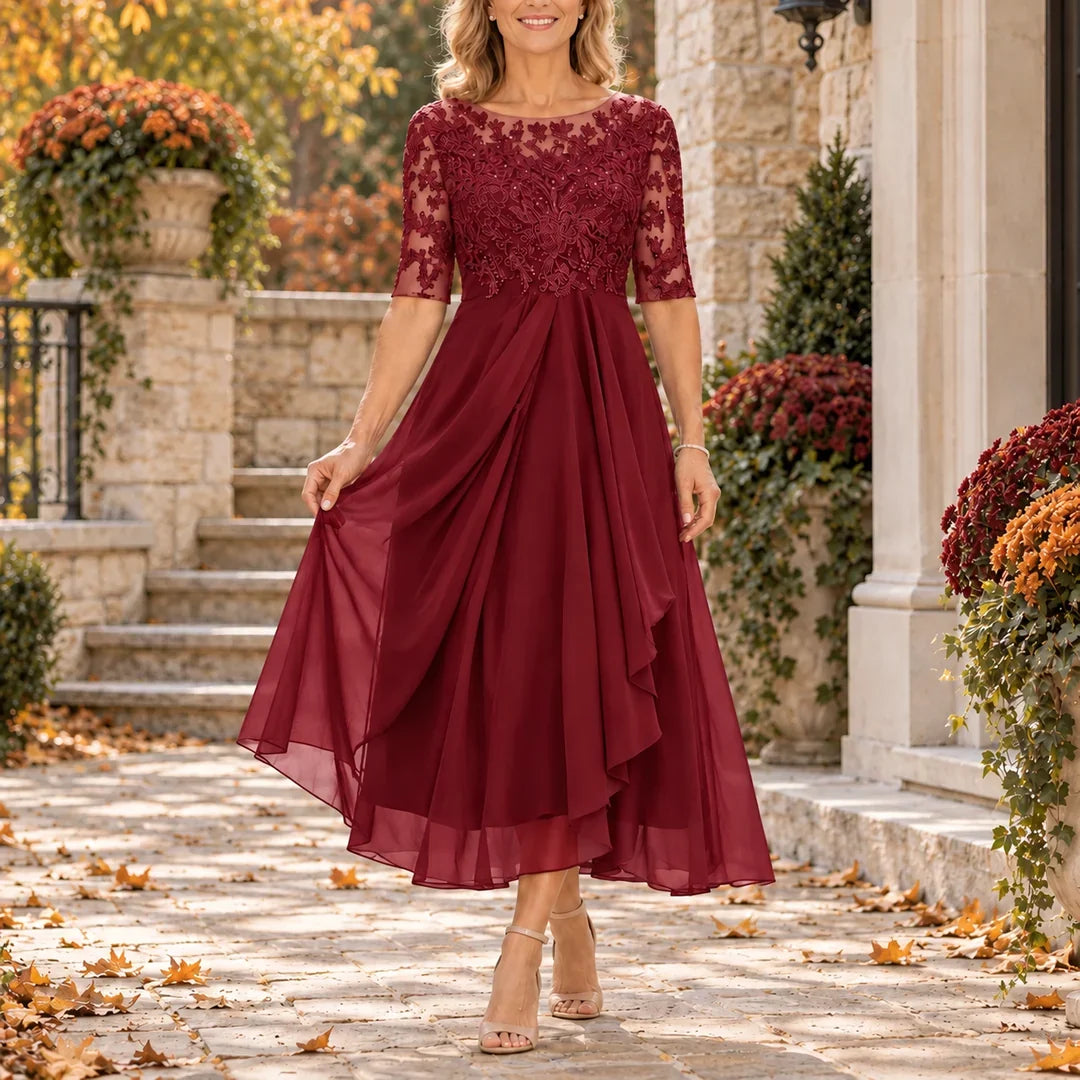 Avi | Vestido midi drapeado con corpiño de encaje