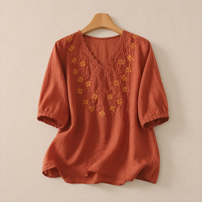 Blusa de Algodón y Lino Bordada Clara