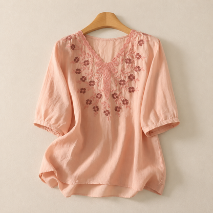 Blusa de Algodón y Lino Bordada Clara