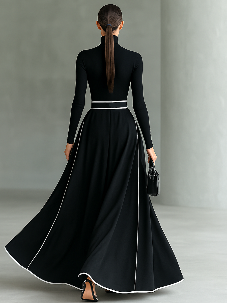 Gina – Vestido maxi para mujer negro con costuras blancas y cuello alto, mangas largas y cintura entallada