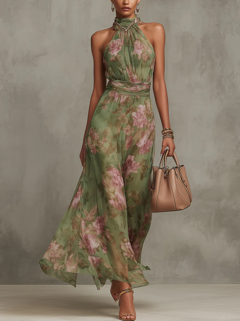 Lidia™ | Vestido Maxi Halter Floral Elegante