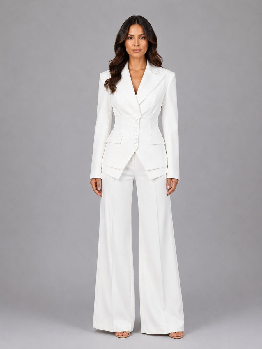 Carolina | Conjunto de dos piezas con blazer de cintura marcada y pantalones palazzo