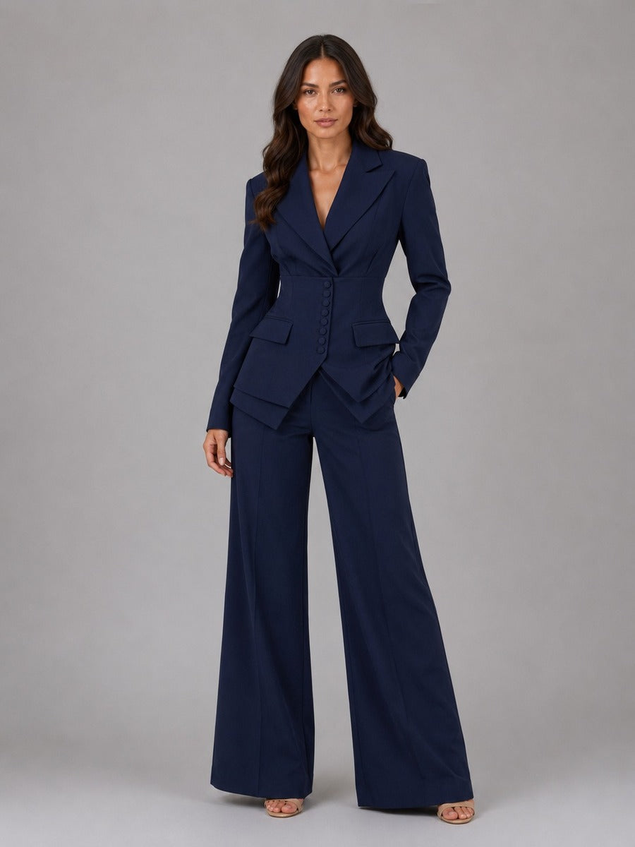 Carolina | Conjunto de dos piezas con blazer de cintura marcada y pantalones palazzo
