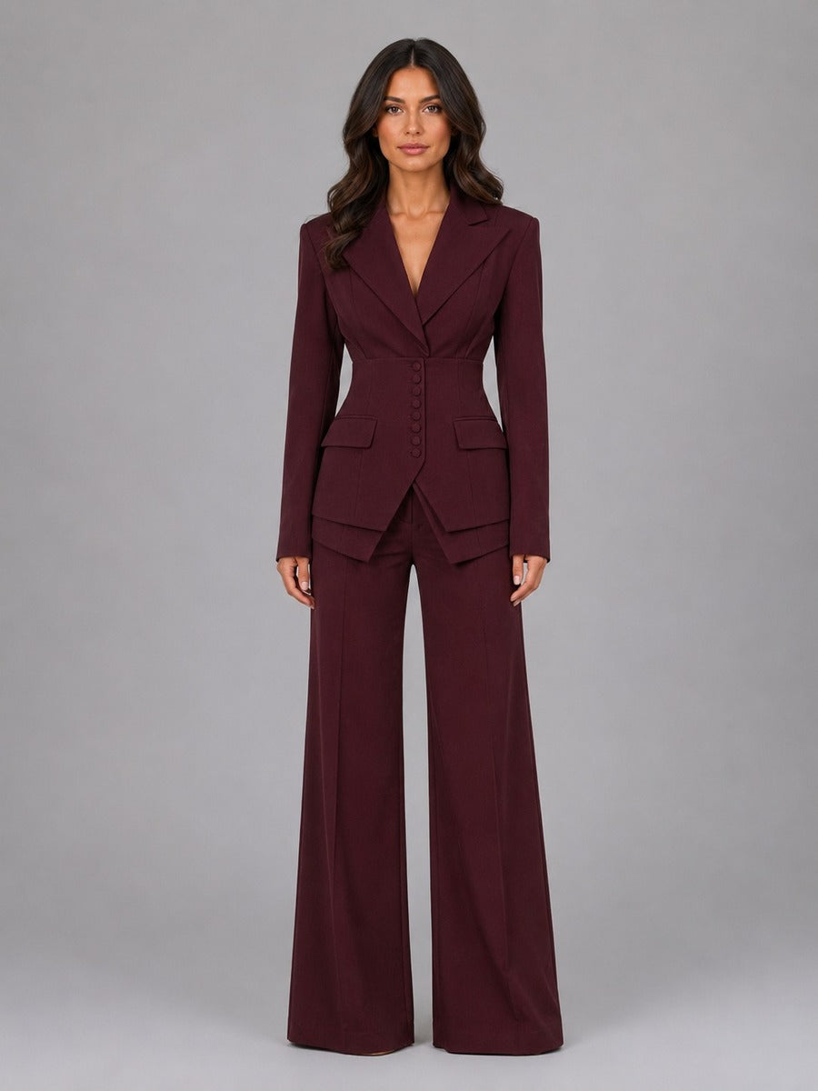 Carolina | Conjunto de dos piezas con blazer de cintura marcada y pantalones palazzo