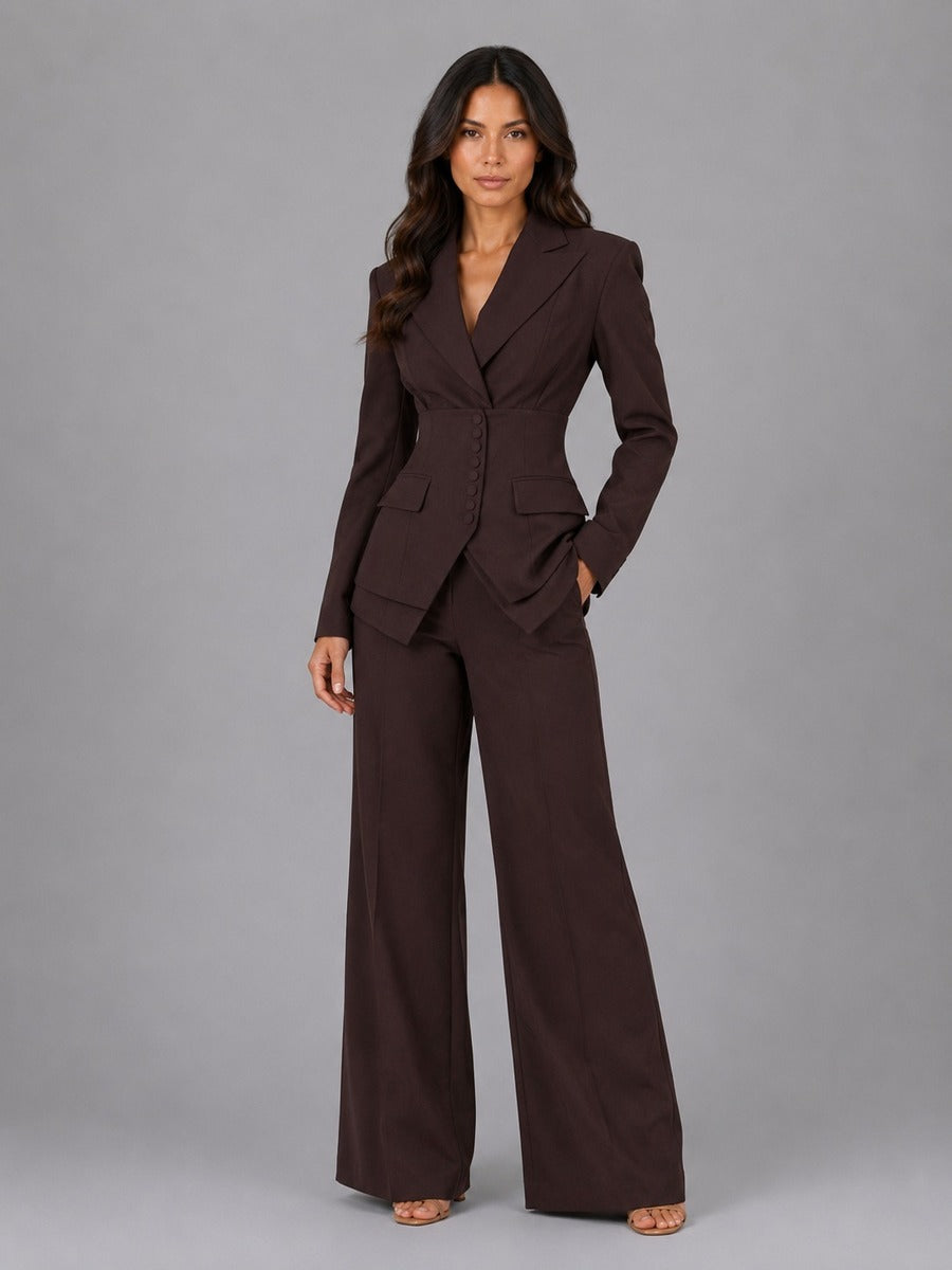 Carolina | Conjunto de dos piezas con blazer de cintura marcada y pantalones palazzo