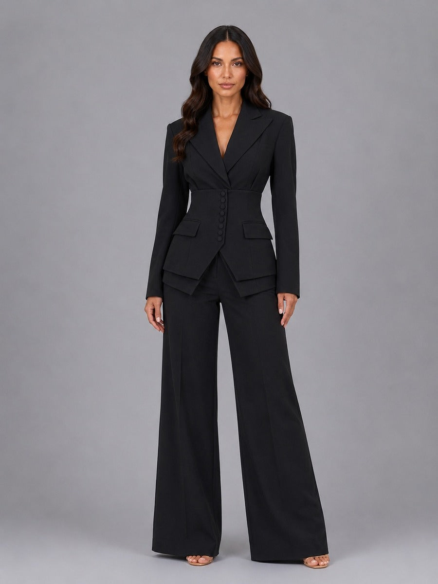 Carolina | Conjunto de dos piezas con blazer de cintura marcada y pantalones palazzo