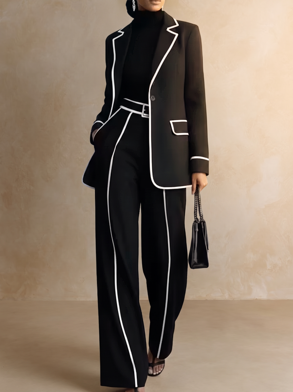 Clementina | Conjunto de blazer y pantalón con ribetes en contraste, negro