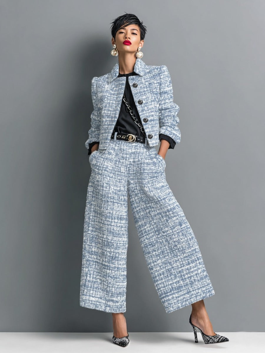 Leontina | Conjunto de chaqueta corta efecto tweed y pantalones de pierna ancha