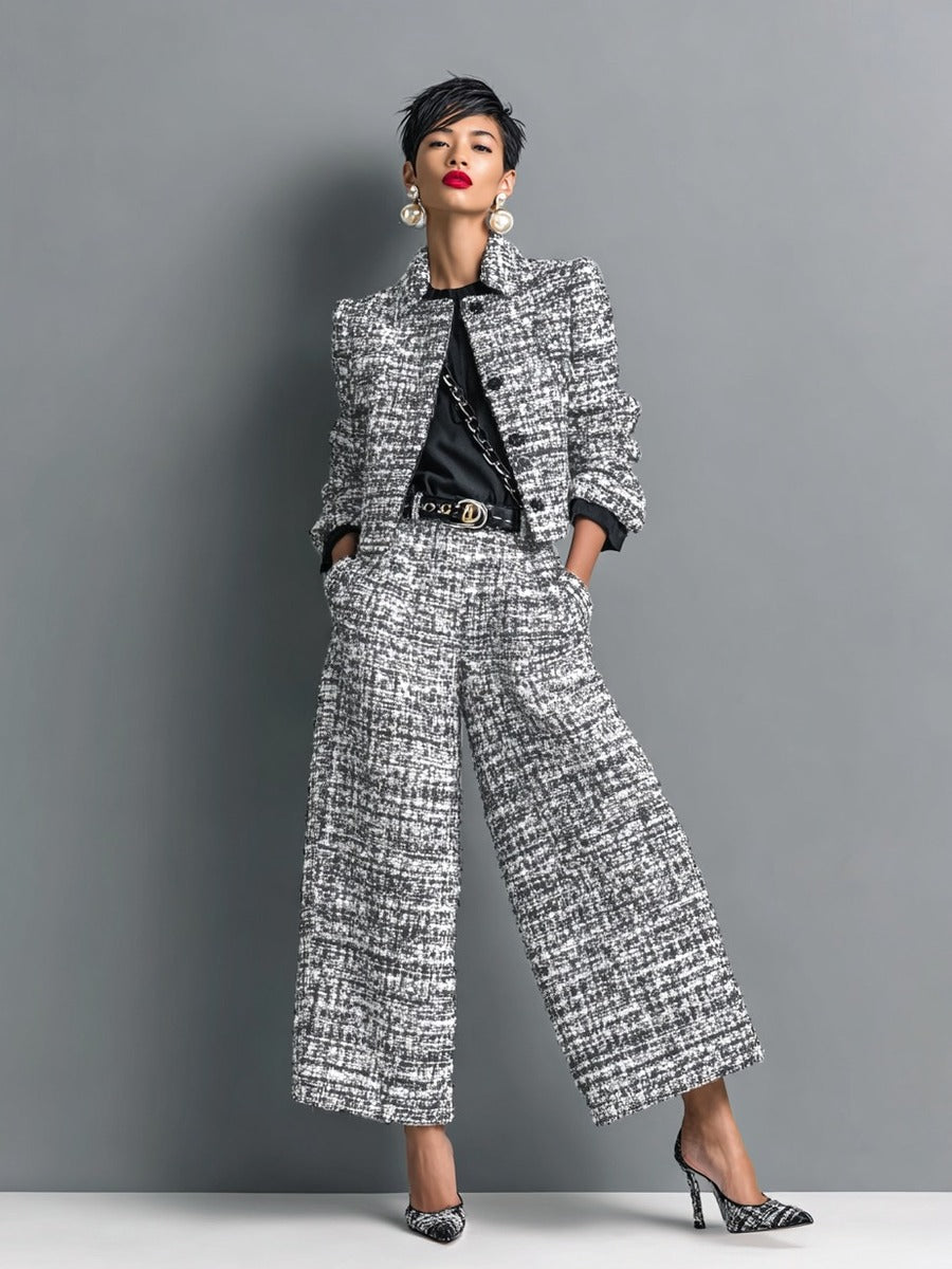 Leontina | Conjunto de chaqueta corta efecto tweed y pantalones de pierna ancha