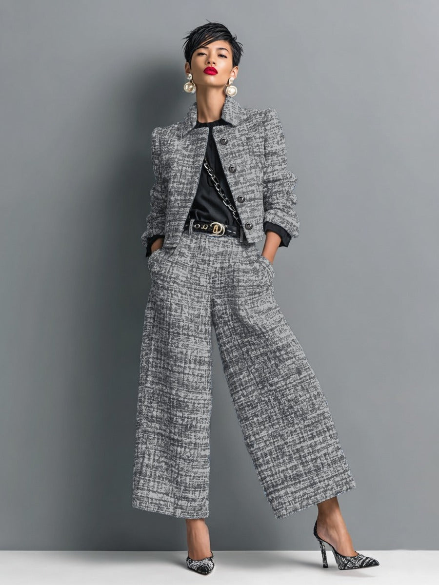 Leontina | Conjunto de chaqueta corta efecto tweed y pantalones de pierna ancha