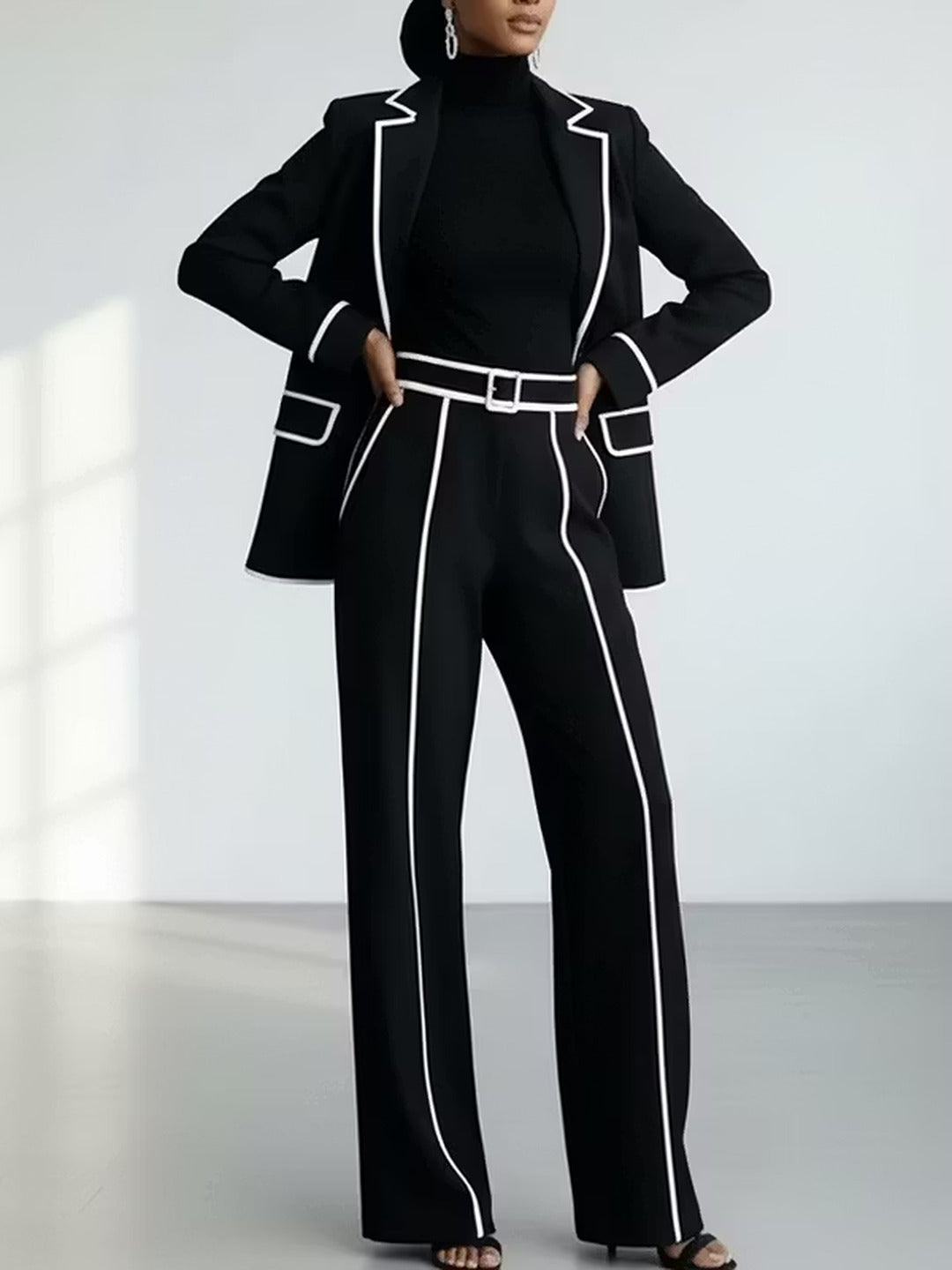 Clementina | Conjunto de blazer y pantalón con ribetes en contraste, negro