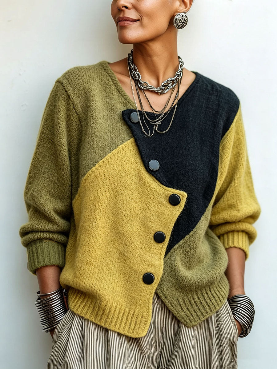 FREYA | Cárdigan de punto asimétrico con botones y bloques de color para mujer
