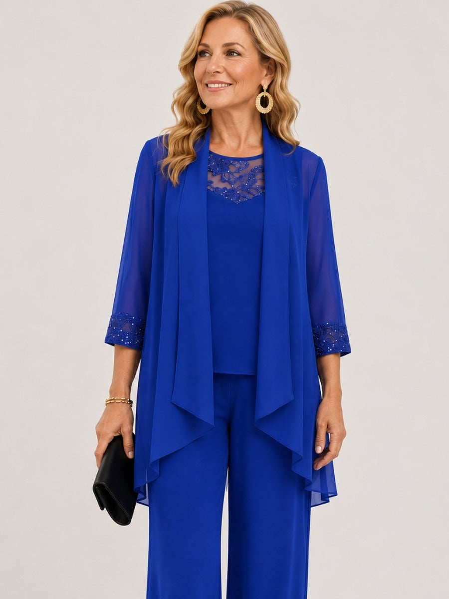 Prisca | Conjunto de tres piezas con chaqueta de gasa y pantalones de pierna ancha