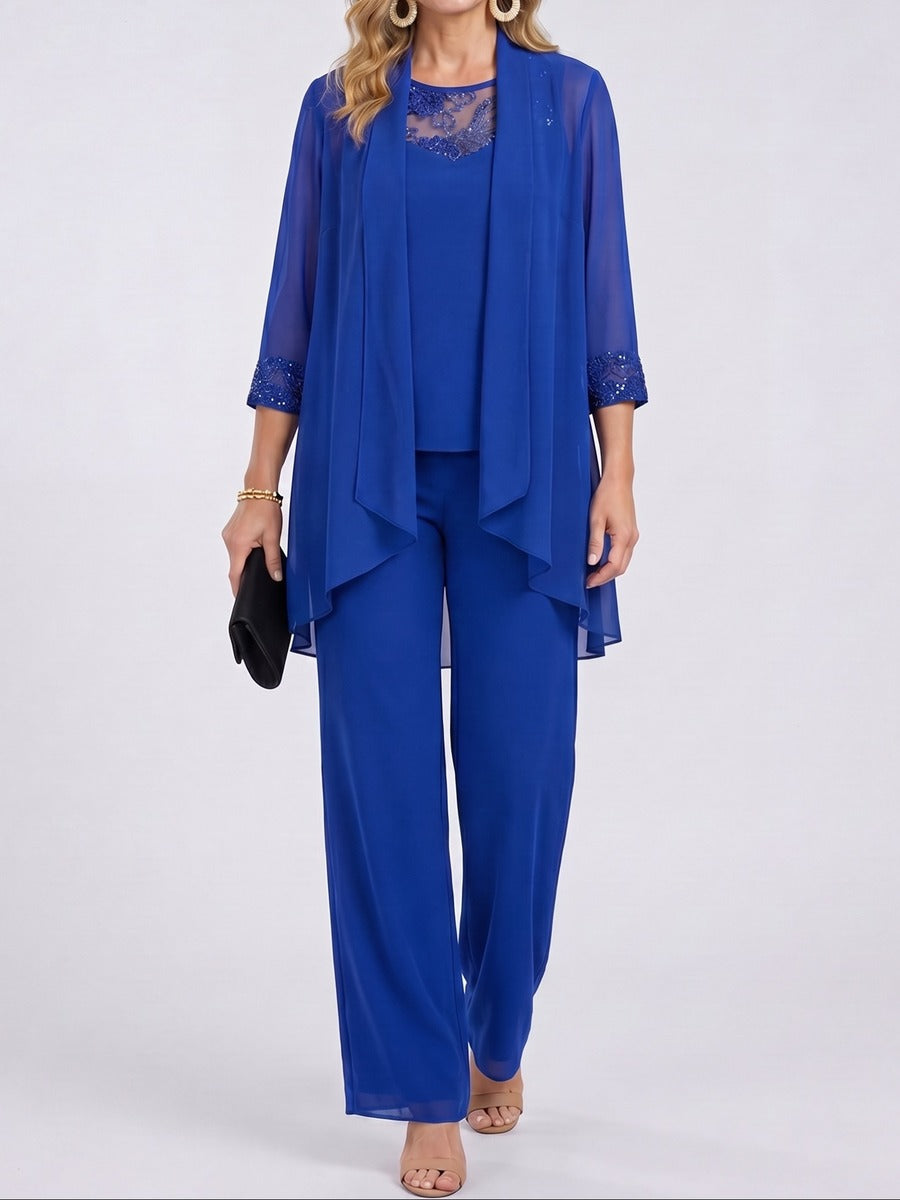 Prisca | Conjunto de tres piezas con chaqueta de gasa y pantalones de pierna ancha