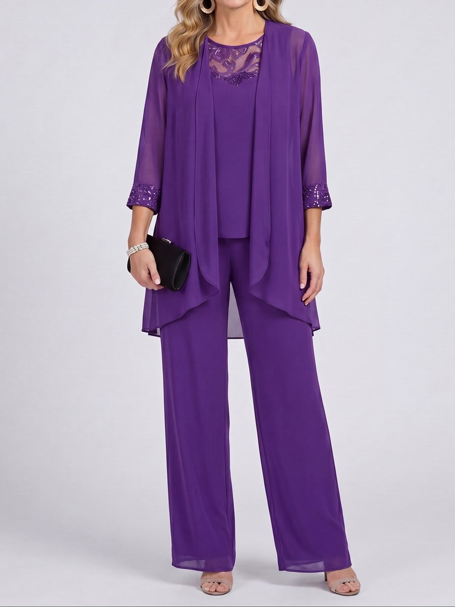 Prisca | Conjunto de tres piezas con chaqueta de gasa y pantalones de pierna ancha