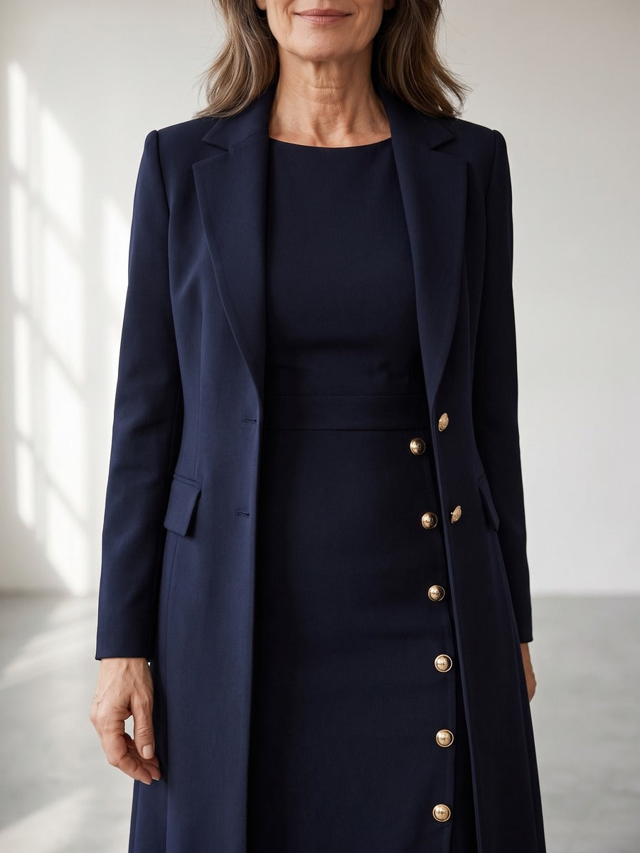 Santina | Conjunto de Blazer Largo y Vestido Sin Mangas con Botones Dorados