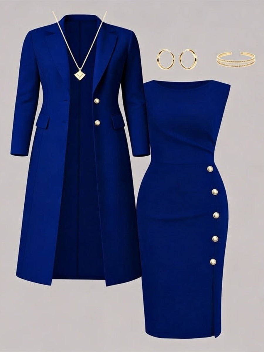 Santina | Conjunto de Blazer Largo y Vestido Sin Mangas con Botones Dorados