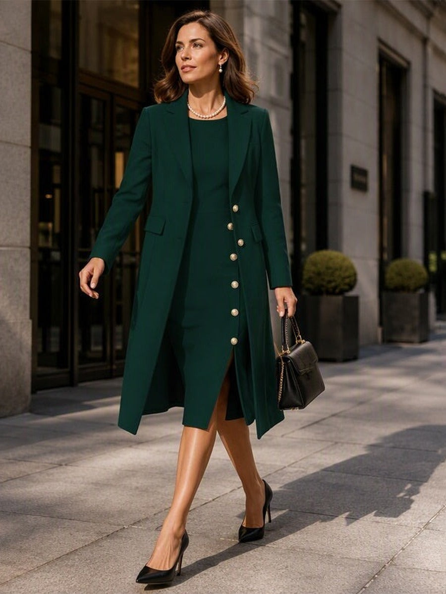 Santina | Conjunto de Blazer Largo y Vestido Sin Mangas con Botones Dorados
