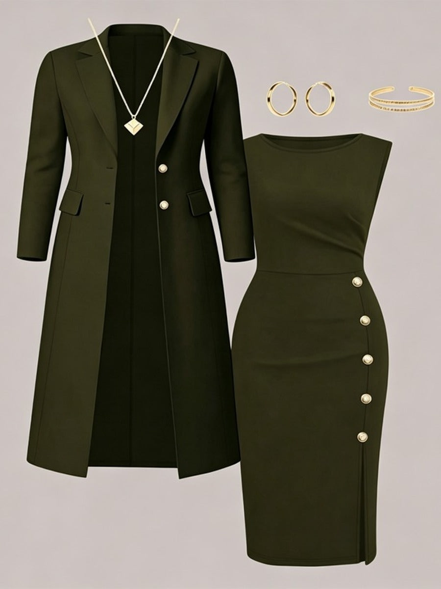 Santina | Conjunto de Blazer Largo y Vestido Sin Mangas con Botones Dorados