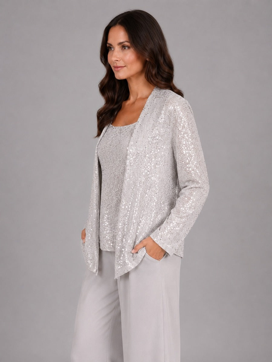 Zelinda | Conjunto de tres piezas con chaqueta abierta de lentejuelas, top y pantalones de pierna ancha