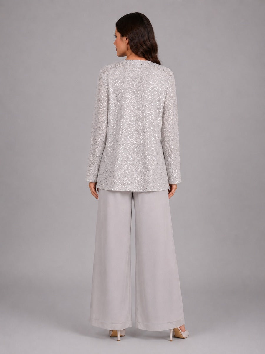 Zelinda | Conjunto de tres piezas con chaqueta abierta de lentejuelas, top y pantalones de pierna ancha
