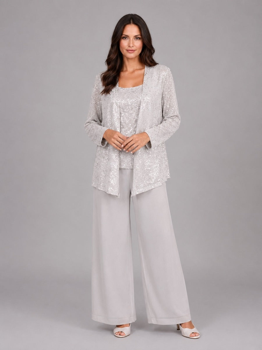 Zelinda | Conjunto de tres piezas con chaqueta abierta de lentejuelas, top y pantalones de pierna ancha