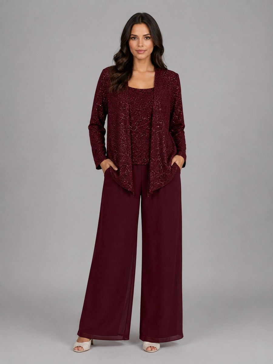 Zelinda | Conjunto de tres piezas con chaqueta abierta de lentejuelas, top y pantalones de pierna ancha