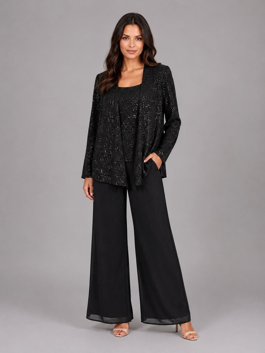 Zelinda | Conjunto de tres piezas con chaqueta abierta de lentejuelas, top y pantalones de pierna ancha
