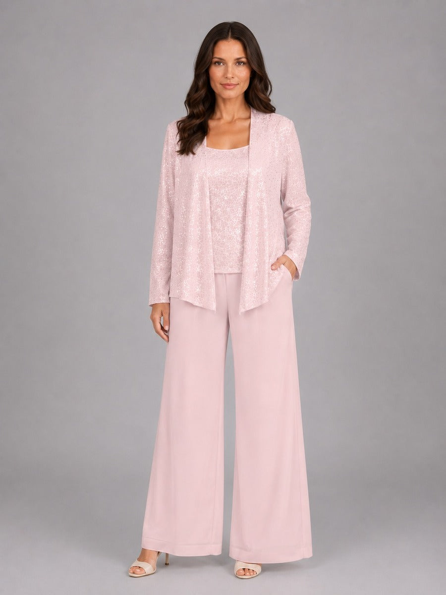 Zelinda | Conjunto de tres piezas con chaqueta abierta de lentejuelas, top y pantalones de pierna ancha