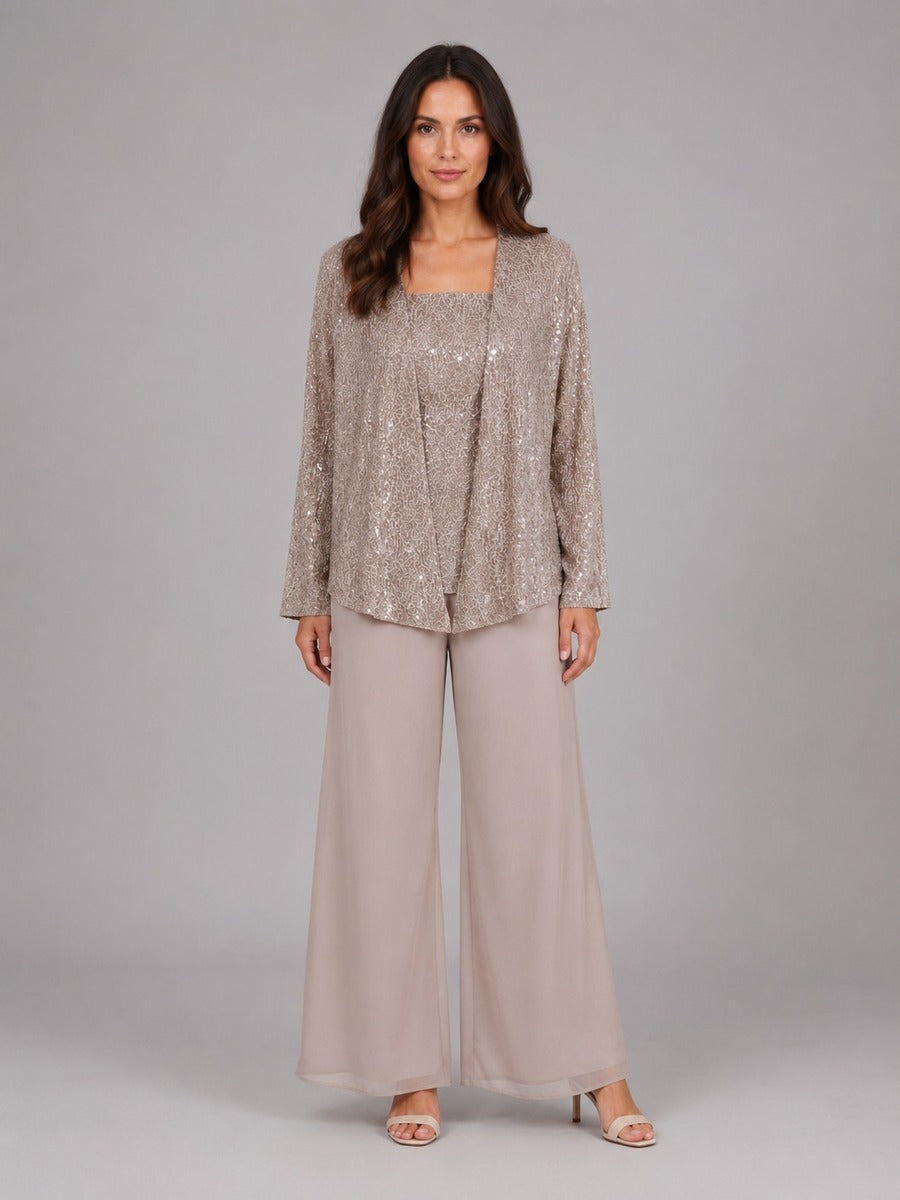 Zelinda | Conjunto de tres piezas con chaqueta abierta de lentejuelas, top y pantalones de pierna ancha